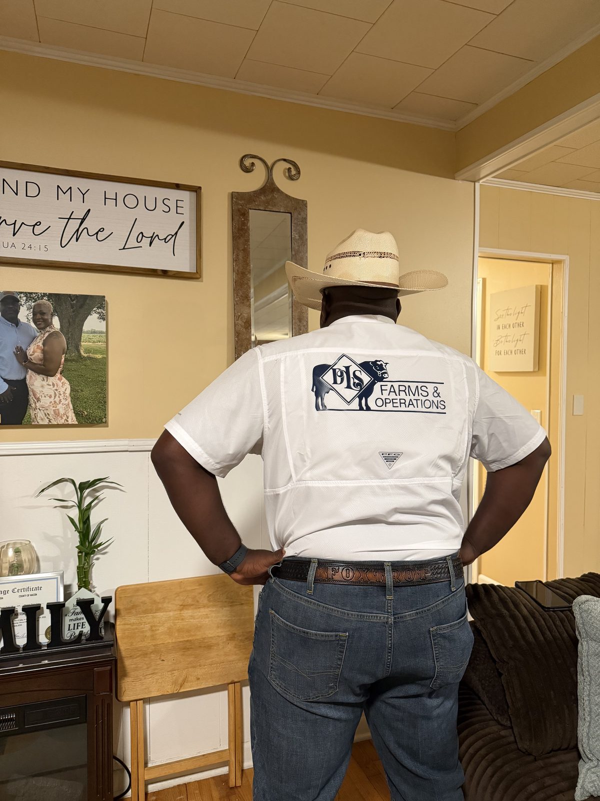 DLS Farms & Operations branded shirt, South Georgia cattle farm