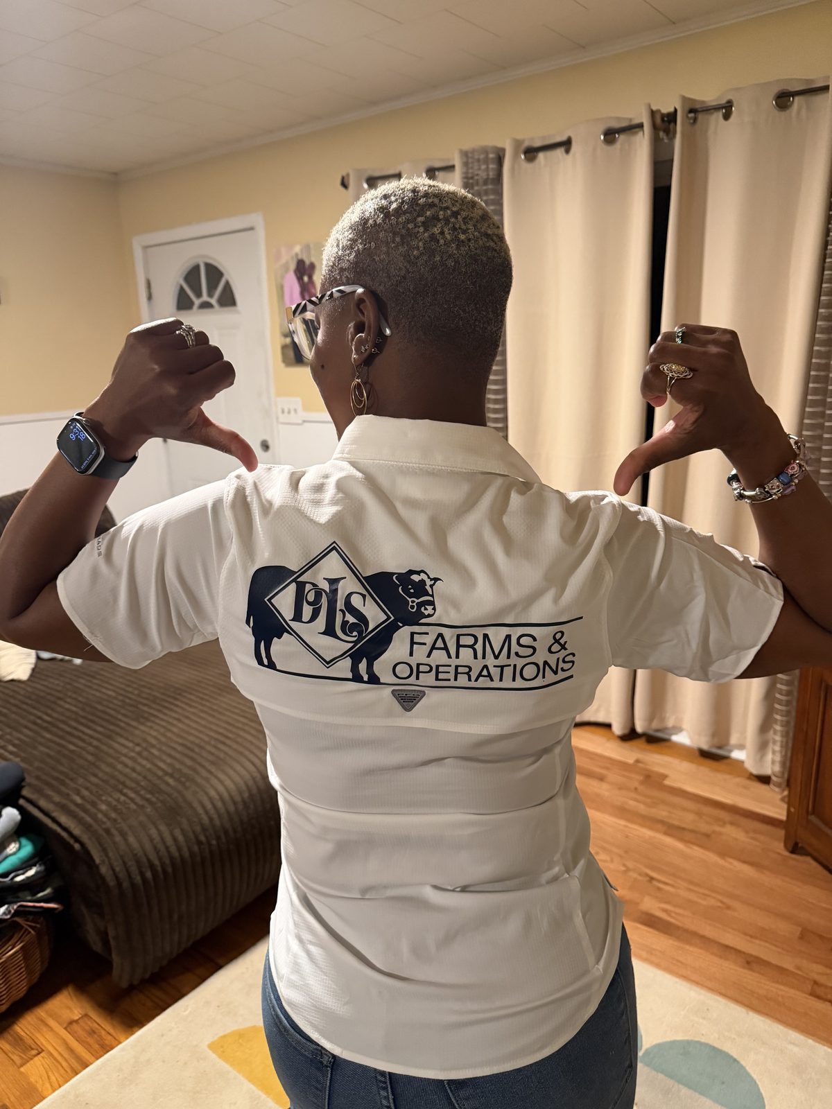 DLS Farms & Operations team shirt with cattle logo